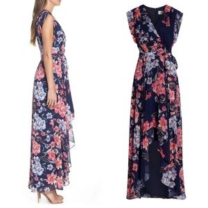 Eliza J Navy and Pink Floral High Low Dress